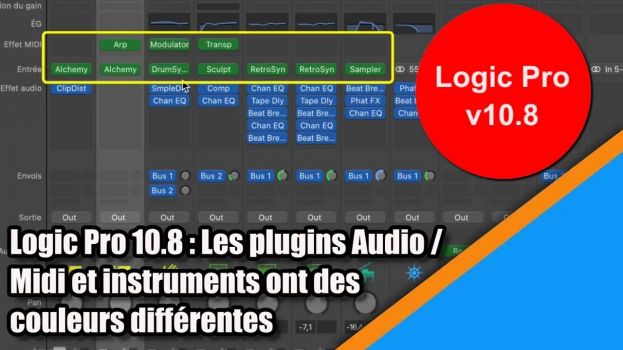 Tutoriel Logic Pro 10.8: les plugins Midi et audio ont une couleur différente